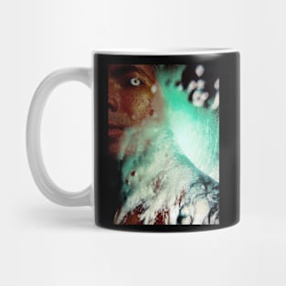 Portrait, digital collage, special processing. Men looking. Light. Very grainy on close, but so beautiful. Green, dark orange. Mug